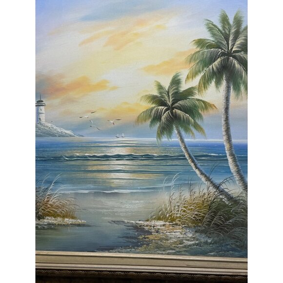 Framed Coastal ocean Landscape Painting With Lighthouse Palm Trees 31x27" READ - Picture 3 of 14